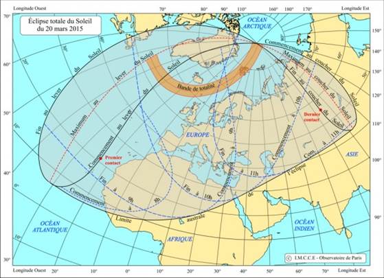 rface de la Terre concerne par l'clipse du soleil le 20 mars. L'heure est indique en temps universel : il faut y ajouter 1 h pour connatre l'heure locale en Europe. / Ph.  IMCCE - Observatoire de Paris